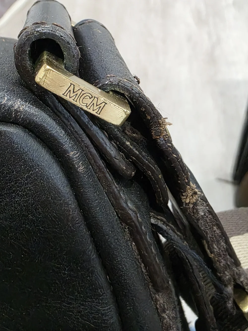 MCM Brown Leather Laptop Briefcase with Striped Webbing Straps